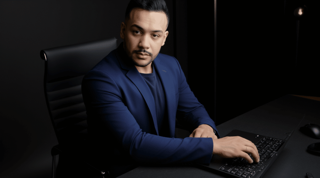 Alef Douglas, nutricionista esportivo e personal trainer, sentado à mesa trabalhando no notebook, planejando estratégias de saúde, performance e gestão no mercado fitness.