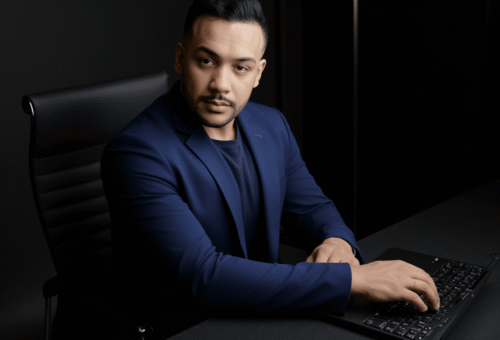 Alef Douglas, nutricionista esportivo e personal trainer, sentado à mesa trabalhando no notebook, planejando estratégias de saúde, performance e gestão no mercado fitness.