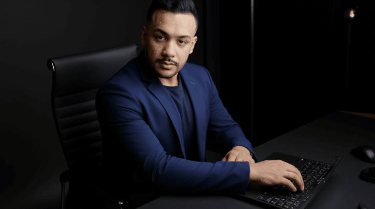 Alef Douglas, nutricionista esportivo e personal trainer, sentado à mesa trabalhando no notebook, planejando estratégias de saúde, performance e gestão no mercado fitness.