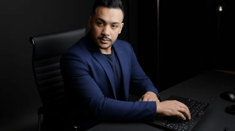 Alef Douglas, nutricionista esportivo e personal trainer, sentado à mesa trabalhando no notebook, planejando estratégias de saúde, performance e gestão no mercado fitness.