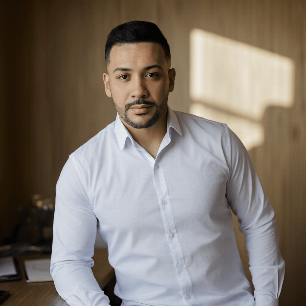 Nutricionista Alef em pé, em seu consultorio encostado em uma mesa, com postura confiante e olhar natural, transmitindo profissionalismo, presença e determinação.