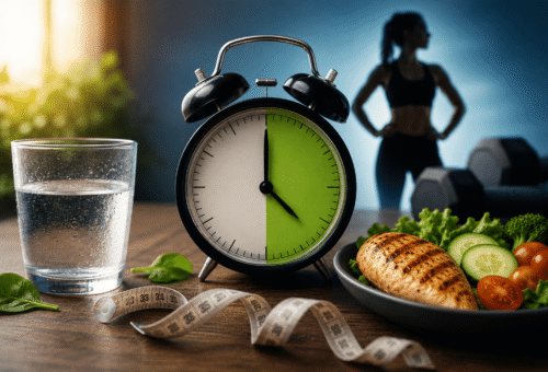 Pessoa focada em saúde e composição corporal ao lado de alimentos saudáveis, água e relógio representando o jejum intermitente metabólico para emagrecimento e melhora da saúde metabólica.