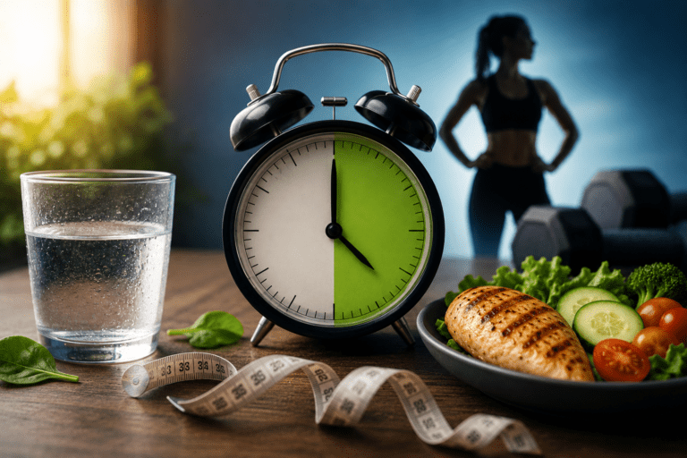Pessoa focada em saúde e composição corporal ao lado de alimentos saudáveis, água e relógio representando o jejum intermitente metabólico para emagrecimento e melhora da saúde metabólica.