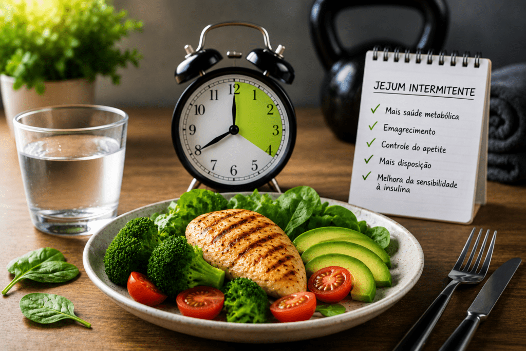 Prato com alimentos saudáveis ricos em proteínas e vegetais ao lado de relógio e copo de água, representando o jejum intermitente metabólico para emagrecimento e saúde metabólica.