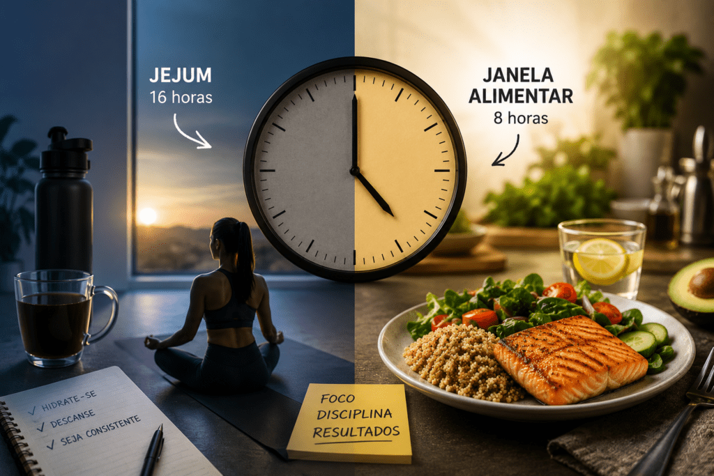 Imagem ilustrativa de jejum intermitente metabólico mostrando período de jejum e janela alimentar com refeição saudável, hidratação e hábitos que auxiliam no emagrecimento, controle da fome e melhora da saúde metabólica.